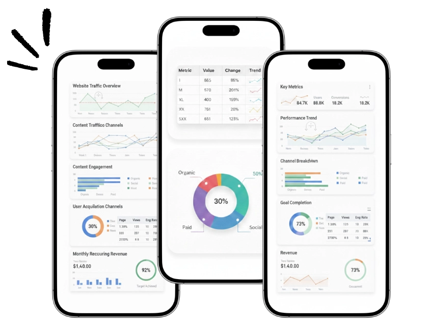 Dashboards de analítica digital para aplicaciones móviles que muestran métricas de tráfico, conversión y engagement