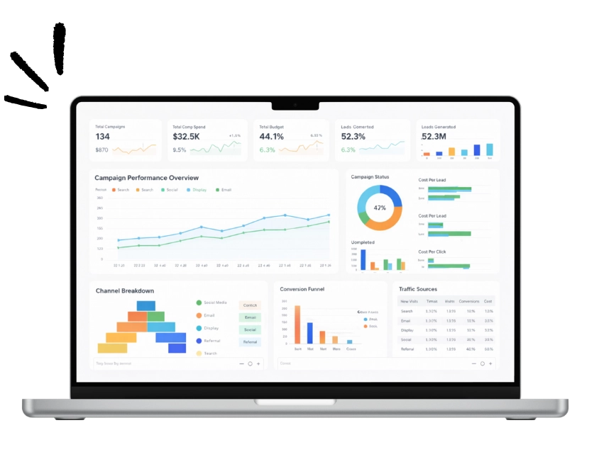 Mockup de portátil de un cuadro de mando de analítica web para optimización de páginas, seguimiento de kpis y mejora del rendimiento digital